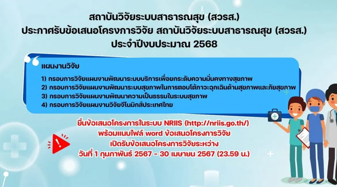 (ทุนวิจัยภายนอกมหาวิทยาลัย) ประกาศรับข้อเสนอโครงการวิจัย สถาบันวิจัยระบบสาธารณสุข (สวรส.) ประจำปีงบประมาณ พ.ศ. 2568