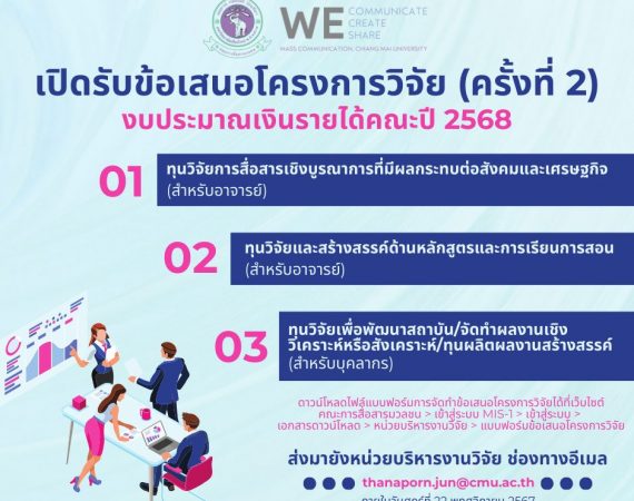 (ทุนภายในคณะ) เปิดรับข้อเสนอโครงการวิจัยเพื่อขอทุนอุดหนุนวิจัยจากงบประมาณเงินรายได้คณะ ปีงบประมาณ 2568 (ครั้งที่ 2)