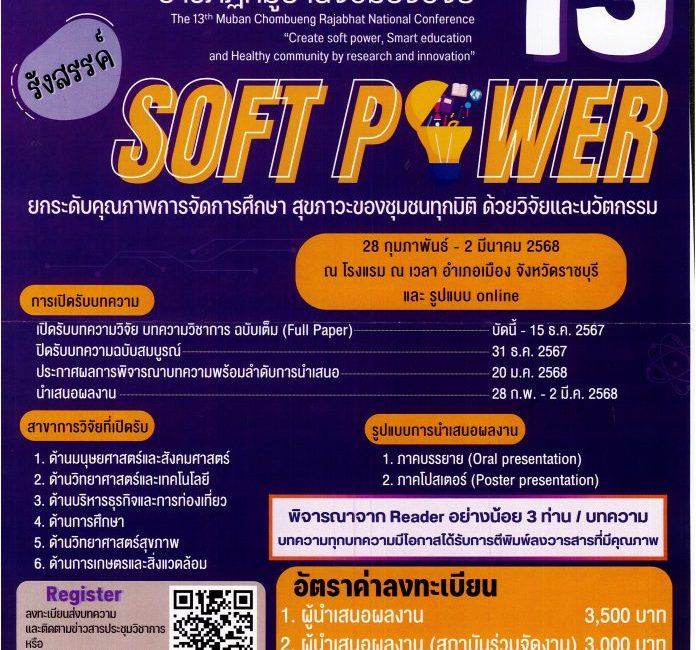 (งานประชุมวิชาการ) ขอเชิญส่งบทความวิจัยหรือบทความวิชาการ ในการประชุมวิชาการระดับชาติราชภัฏหมู่บ้านจอมบึงวิจัย ครั้งที่ 13